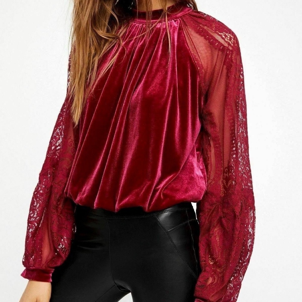 Free People Burgundy Velvet Lace Balloon-Sleeve Blouse